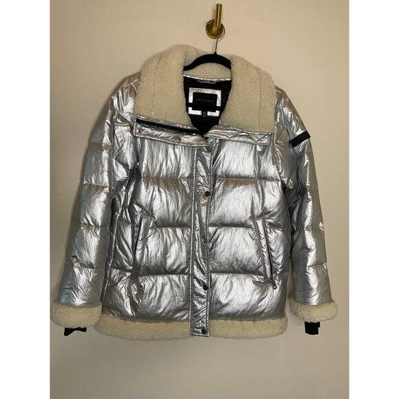 Sanctuary Silver Shine Down Puffer Jacket Cream Shearling Collar Trim Sz Small - Picture 9 of 15